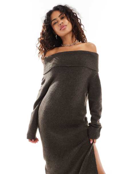 Weekday Malena bardot knitted maxi dress with side split in brown melange exclusive to ASOS - view 1