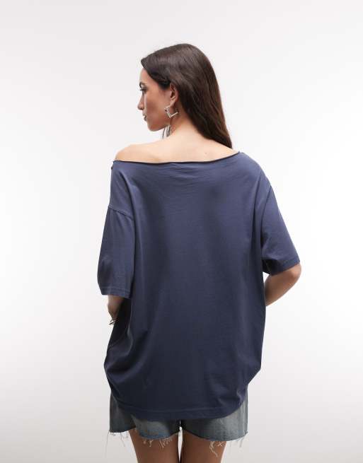 Weekday – Marinblå, slouchy t-shirt i oversized fit med sänkt axelsöm, 4 av 4