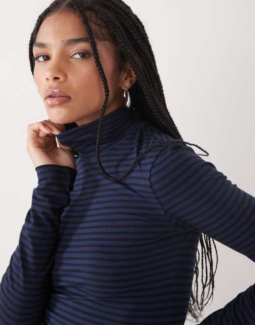 Weekday - Marineblå og sort langærmet slim fit-T-shirt med rullekrave og striber, 2 af 4