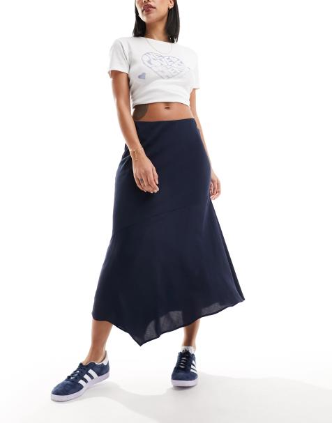 Weekday Marita asymmetric satin midi skirt in navy - view 1