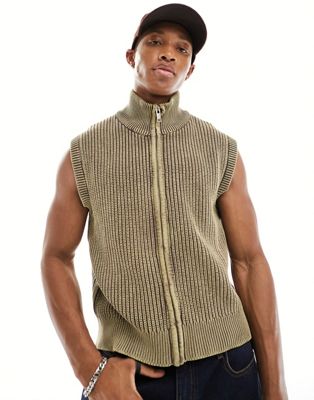 Weekday Marwin zip through knitted vest in washed brown