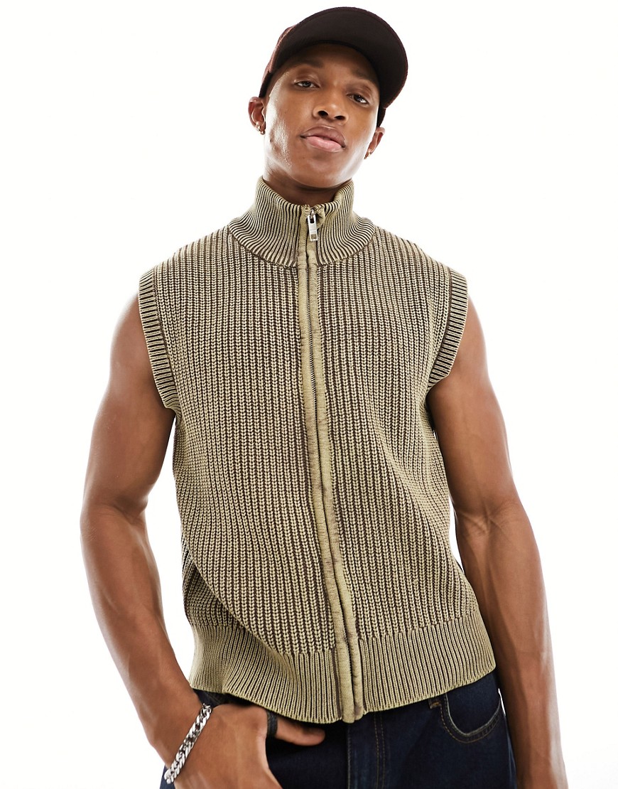 Weekday Marwin zip through knitted vest in washed brown