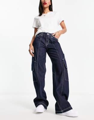 Weekday Mason utility cargo wide leg jeans in blue rinse wash | ASOS