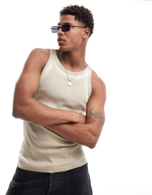 Weekday - Matheus - Geribbelde hemd tanktop met sprayeffect in donkerbeige