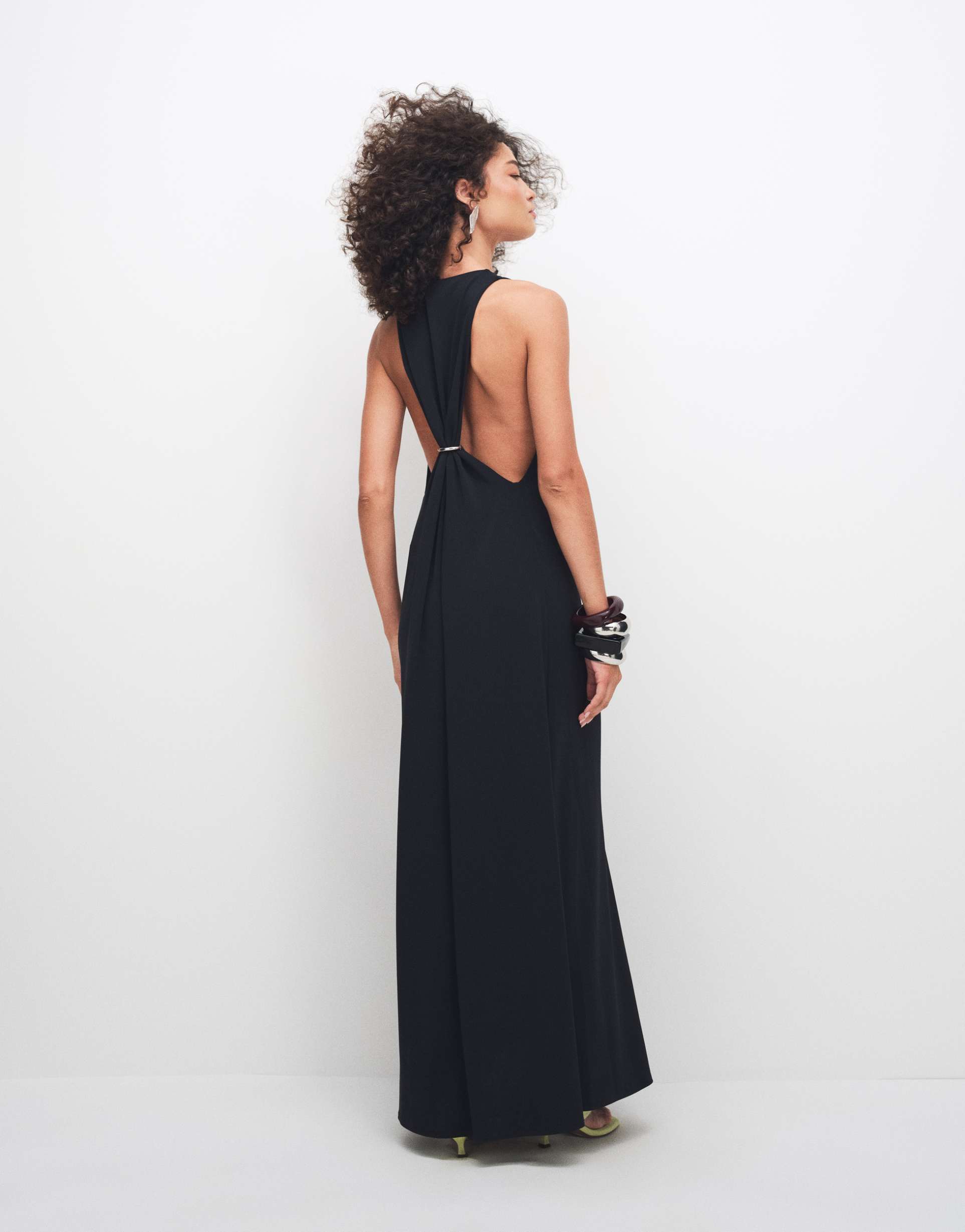 weekday maxi dress with deep v neck and racer back metal detail in black