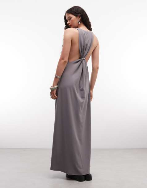 Weekday - Maxi jurk met diepe V-hals en racerback met metalen detail in grijs - view 1