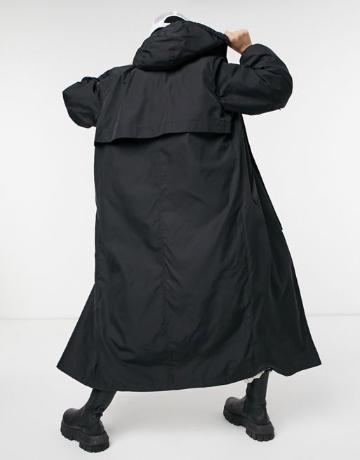 Weekday May hooded nylon long jacket in black