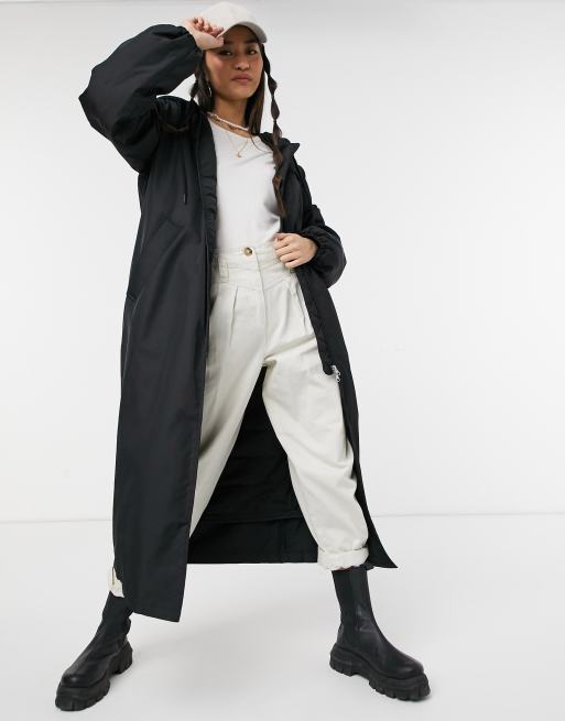 Weekday May hooded nylon long jacket in black