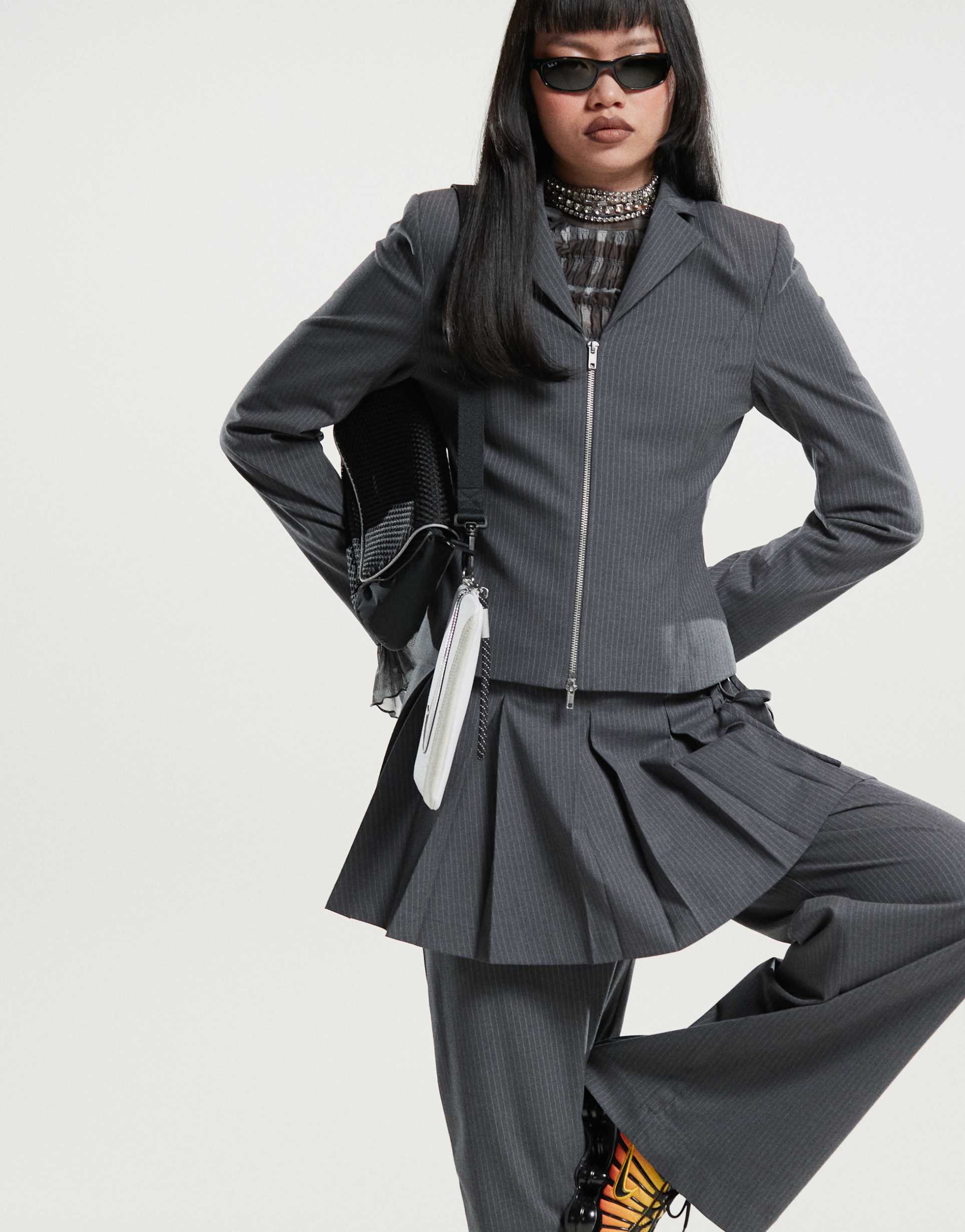 weekday mei slim fit zip through blazer in gray melange stripe - part of a set