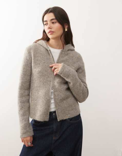 Weekday - Meleret beige strikket cardigan med hætte og gennemgående lynlås - view 1