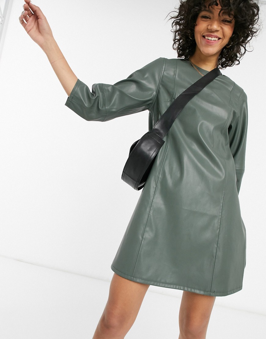 Weekday Meral faux leather mini dress in dusty green