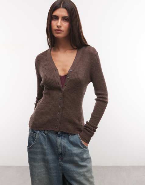 Weekday merino v neck cardigan in dark brown melange - view 1