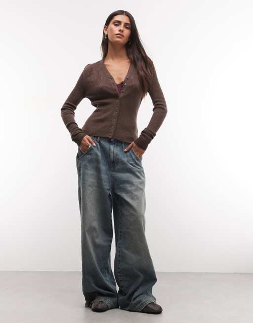 Weekday merino v neck cardigan in dark brown melange, 2 of 4
