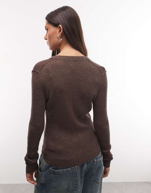 Weekday merino v neck cardigan in dark brown melange, 4 of 4
