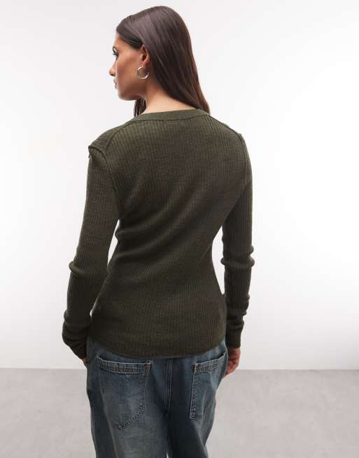 Weekday merino v neck cardigan in dark green melange, 4 of 4