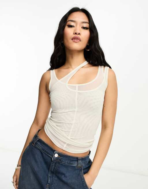 Weekday mesh double layer tank top in off-white