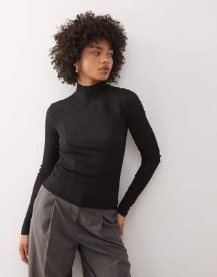 Weekday Mesh High Neck Long Sleeve Top With Contour Seam Detail In Black