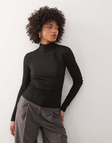 Weekday mesh high neck long sleeve top with contour seam detail in black - view 1