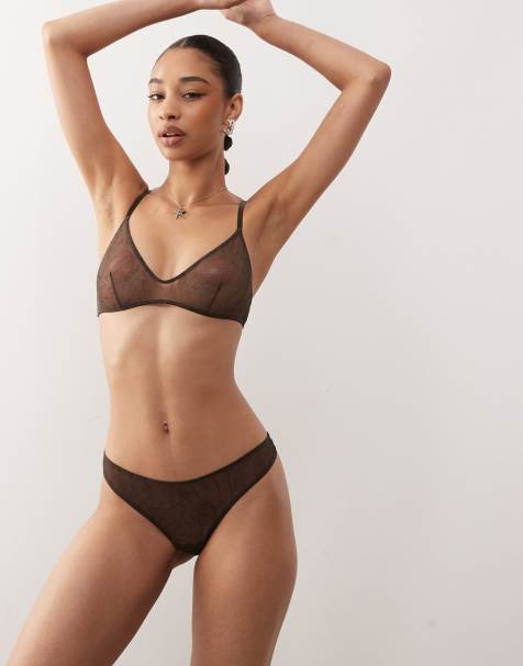Weekday mesh lace scoop triangle bralette and 2-pack thongs in brown - view 1