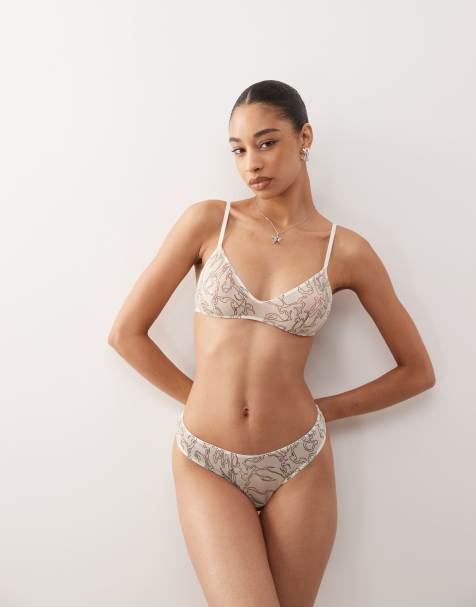 Weekday mesh lace scoop triangle bralette and 2-pack thongs in off-white - view 1