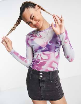 Weekday mesh long sleeve top in purple floral print-Multi