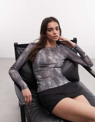 Weekday Mesh Long Sleeve Top With Croc Print In Black