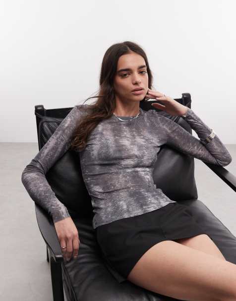 Weekday mesh long sleeve top with croc print in black - view 1