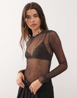 Weekday Mesh Long Sleeve Top With With Smoke Effect Print In Black