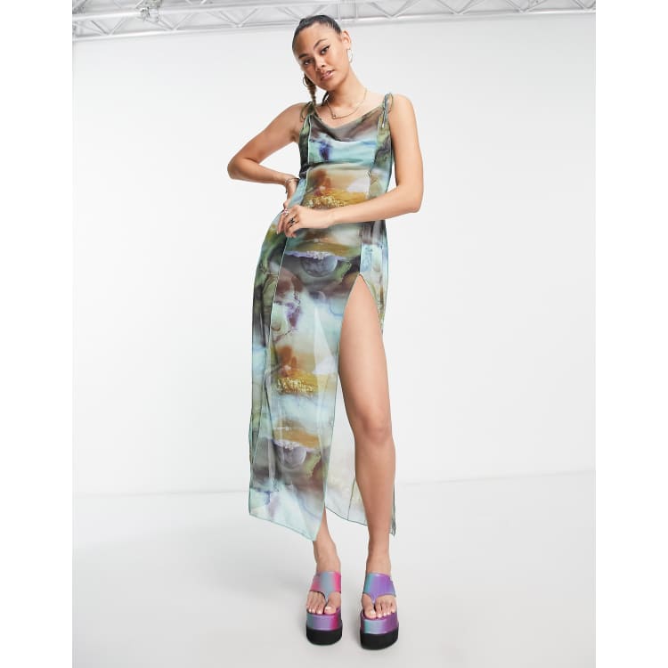 Weekday mesh strappy midi dress in cloud print | ASOS