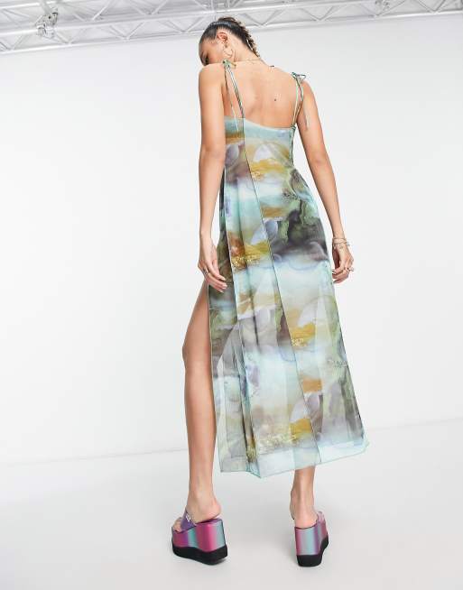 Weekday mesh strappy midi dress in cloud print | ASOS