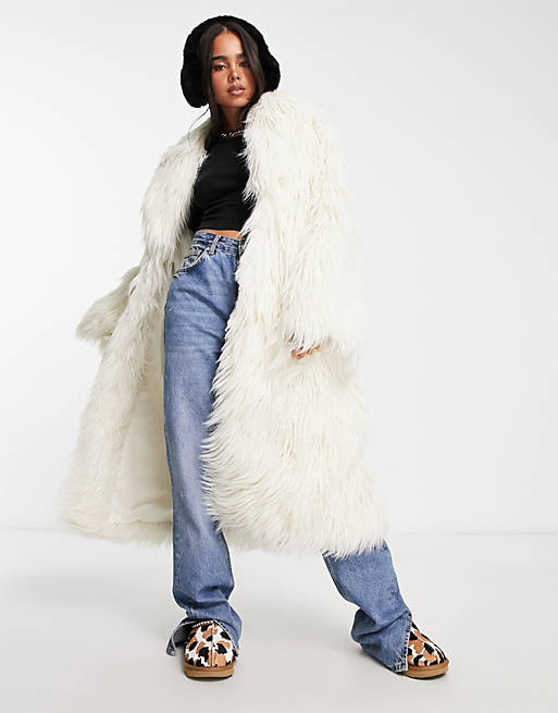 Weekday Mia Faux Fur Coat In Off White | Asos