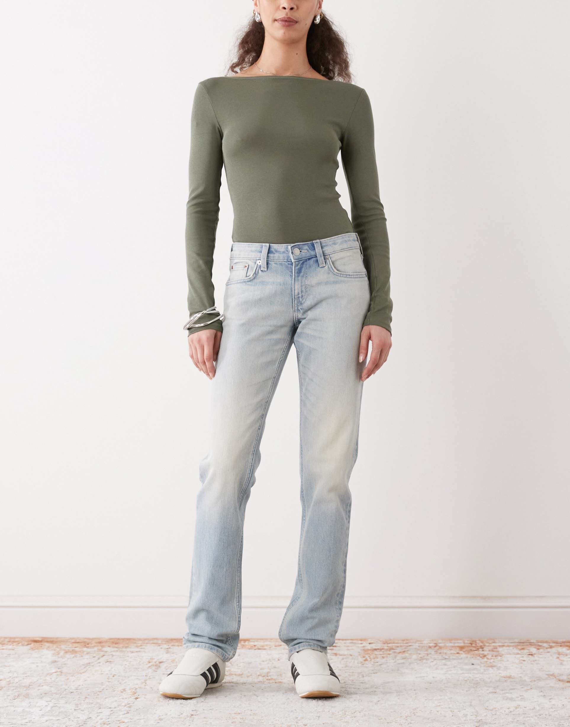 weekday mid waist straight leg jeans in light blue wash