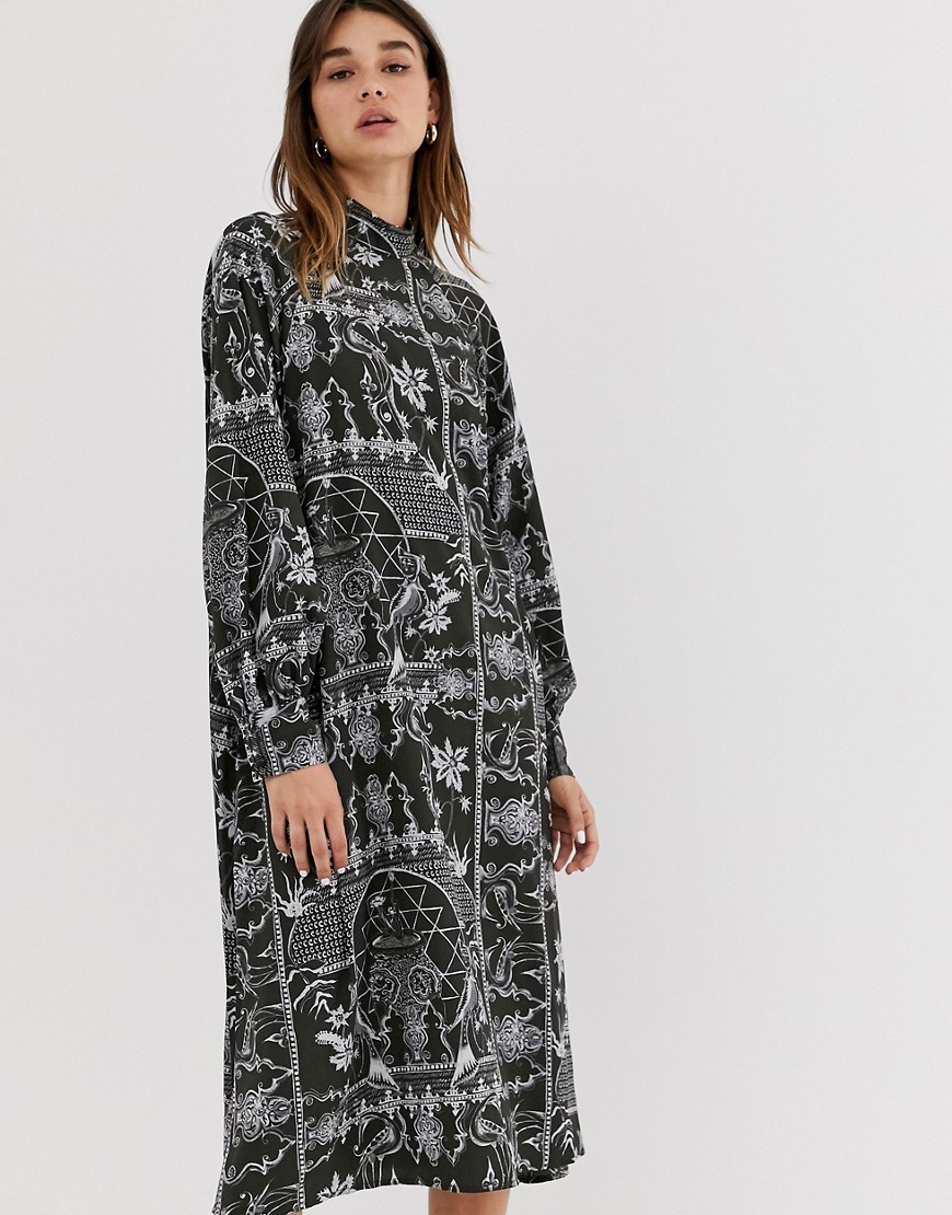 Weekday - Midi-jurk met porseleinprint in diepgrijs-Multi