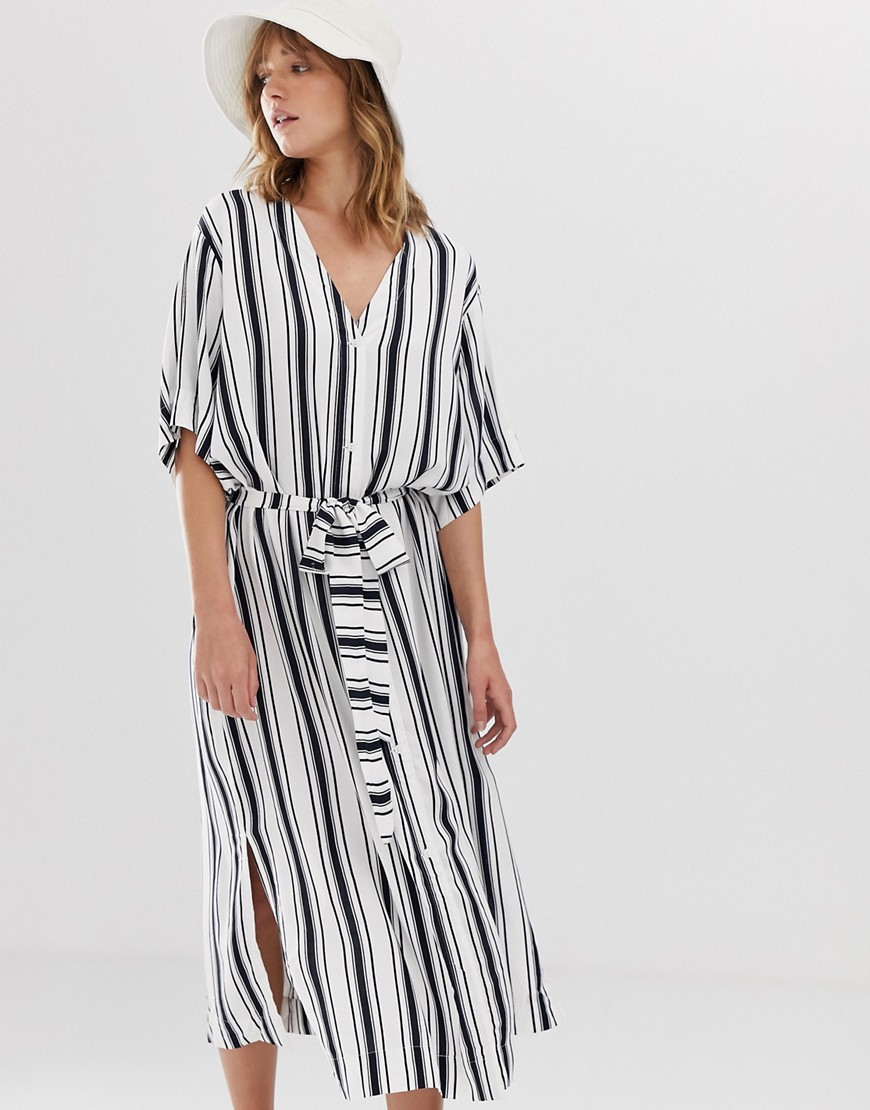 Weekday - Midi-jurk met strikceintuur in zwart/witte strepen-Multi
