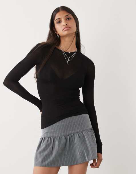 Weekday soft semi sheer long sleeve t-shirt in black