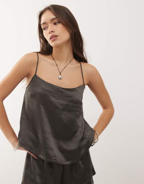 Weekday mix and match co-ord satin top with back tie detailing in dark grey