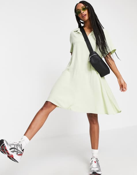 Weekday Millie smock mini dress in sage green - view 1