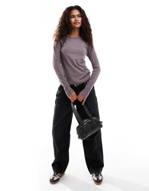 Weekday Milly super soft slim fit long sleeve t-shirt in mole - view 1
