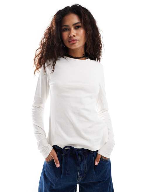 Weekday - Milly - Superzacht slim-fit T-shirt met lange mouwen in gebroken wit