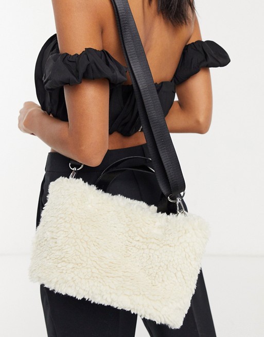 Weekday Mini faux fur bag in off white