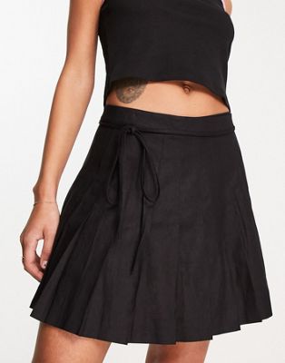 Weekday Wrap linen blend pleated mini skirt in black  - ASOS Price Checker