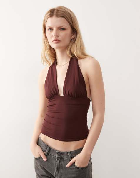 Weekday - Mini-jurk met diepe halternek en lange mouwen in chocoladebruin, exclusief bij ASOS - view 1