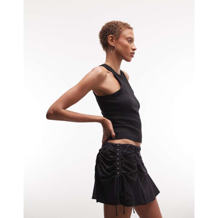 Weekday mini skirt with gathered hook and eye detail in black | ASOS