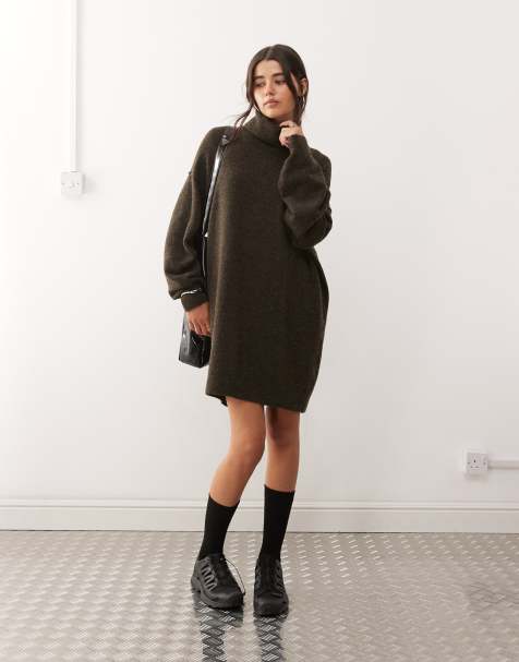 Weekday – Mini-Strickkleid in Dunkelbraun meliert mit Rollkragen, exklusiv bei ASOS - view 1