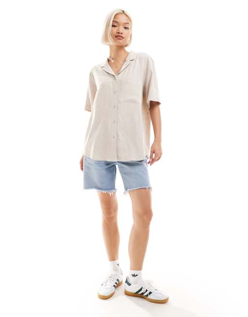 Weekday - Mira - Blouse van linnenmix met korte mouwen in gebroken wit