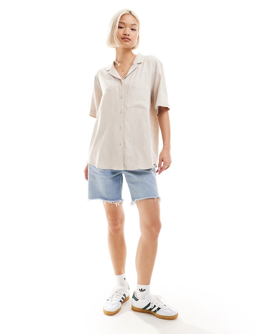 Weekday Mira linen mix short sleeve blouse in off-white