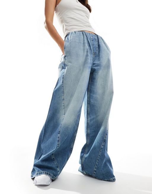 Weekday Mission denim wide leg trackies with seam detail in light blue wash