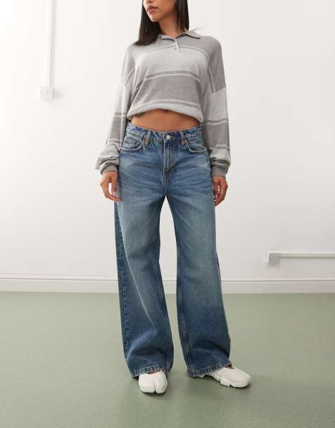 Weekday - Missy - Losvallende jeans met lage taille in donkerblauwe wassing met groene tint - view 1