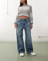Weekday Missy low waist loose fit jeans in dark blue wash with green tint