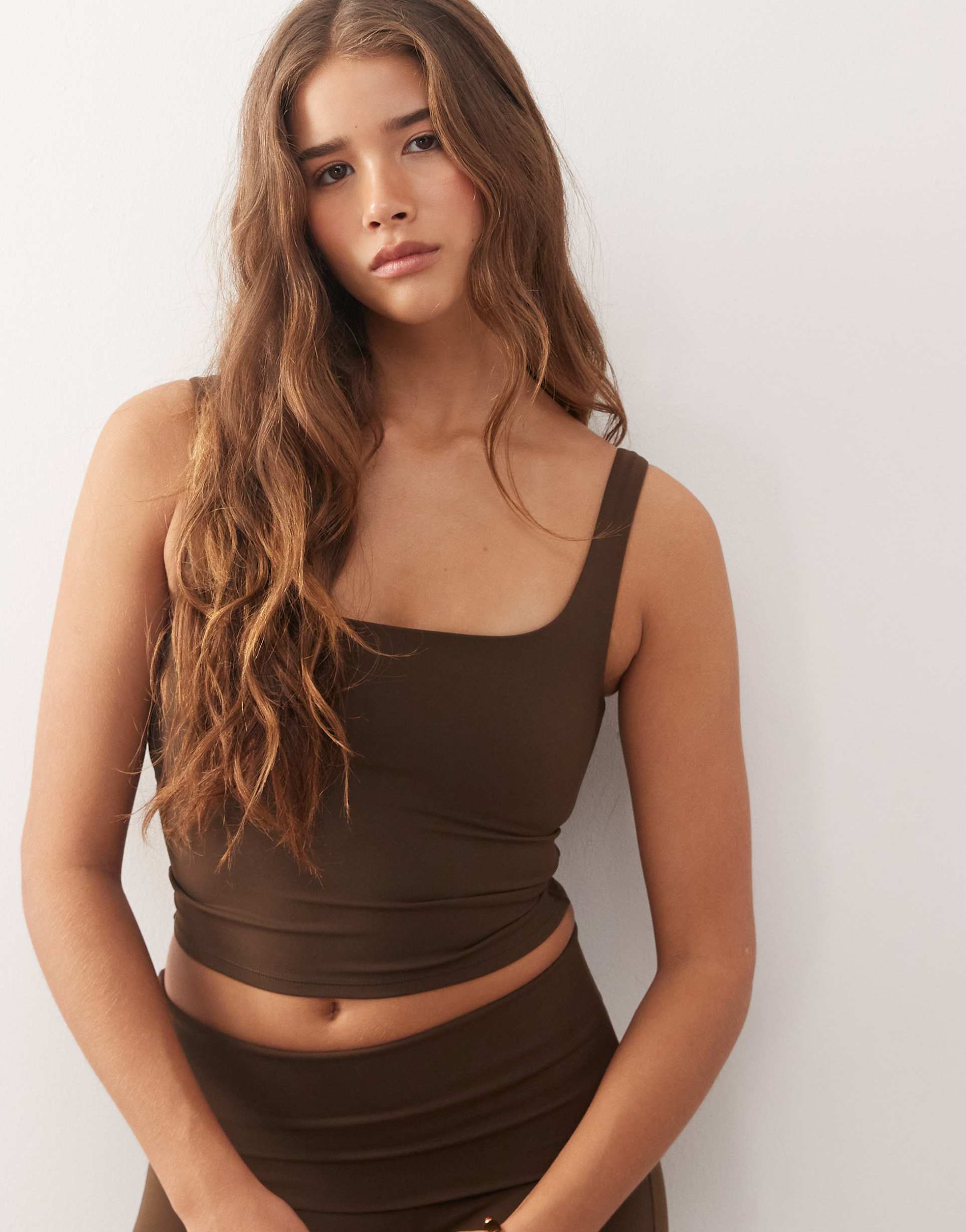 weekday mix and match sports double layer seamless stretch square neck top in dark brown